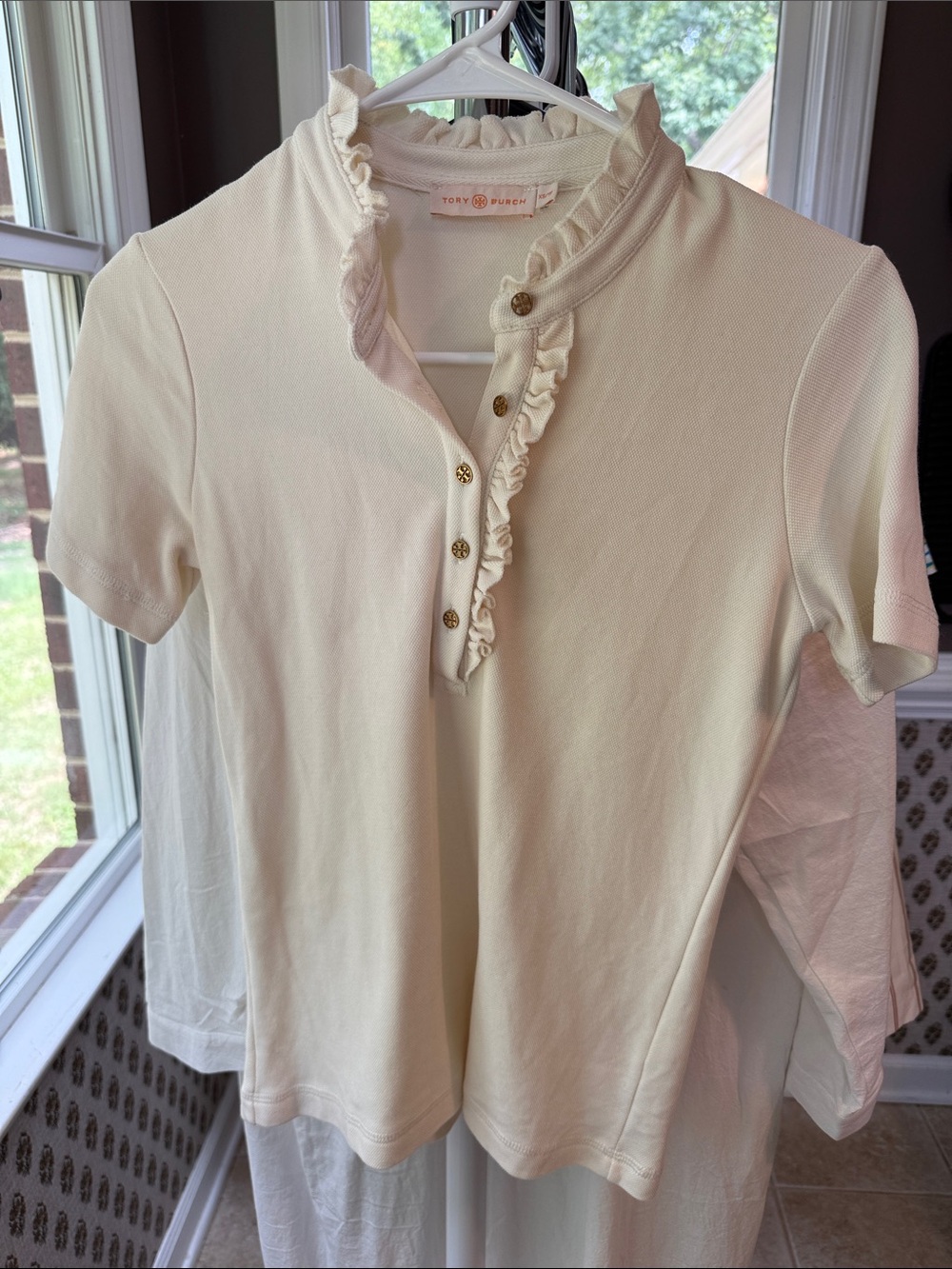 Tory Burch Cream Ruffle Henley Top with Gold Buttons